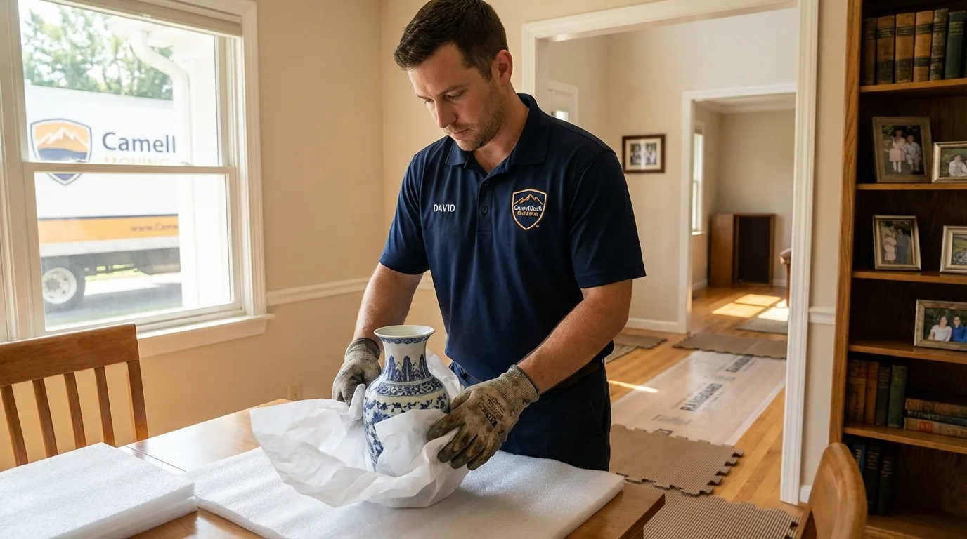 Professional crew carefully wrapping antique vase for senior downsizing move in Vonore, TN